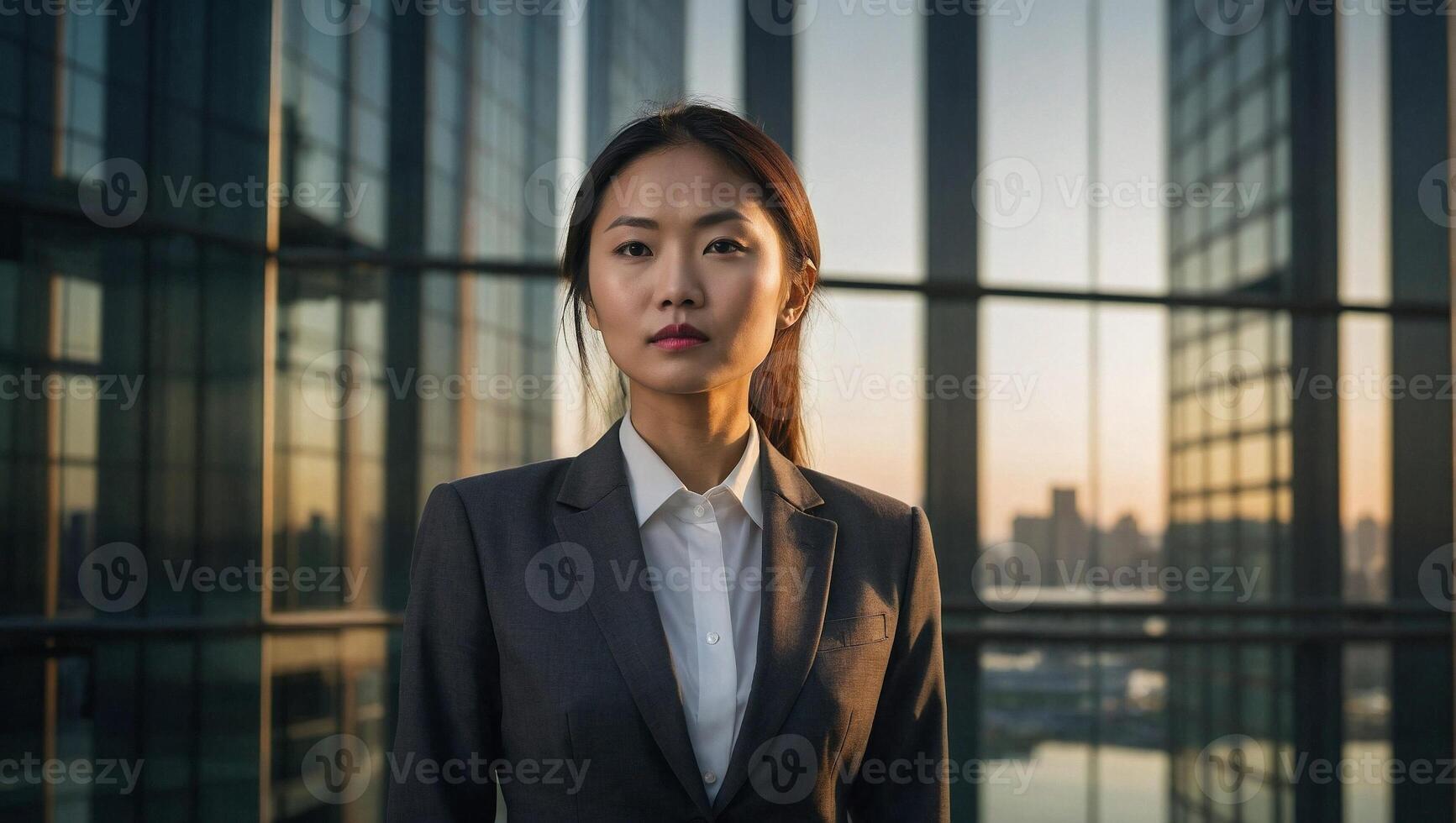 Asian woman in a business suit stands adjacent to an expansive business center with towering glass walls photo