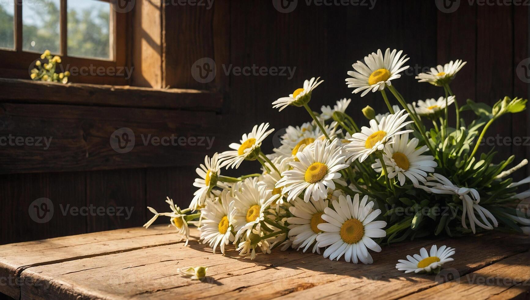 Bouquet of white daisies with bright yellow centres resting on a rustic wooden table photo