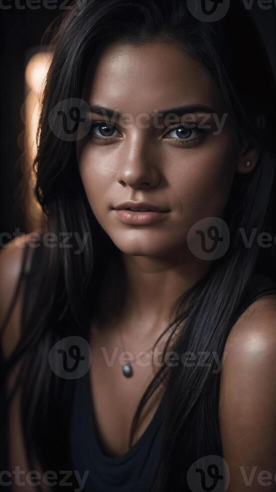 retrato de un joven niña con oscuro piel y largo oscuro pelo foto