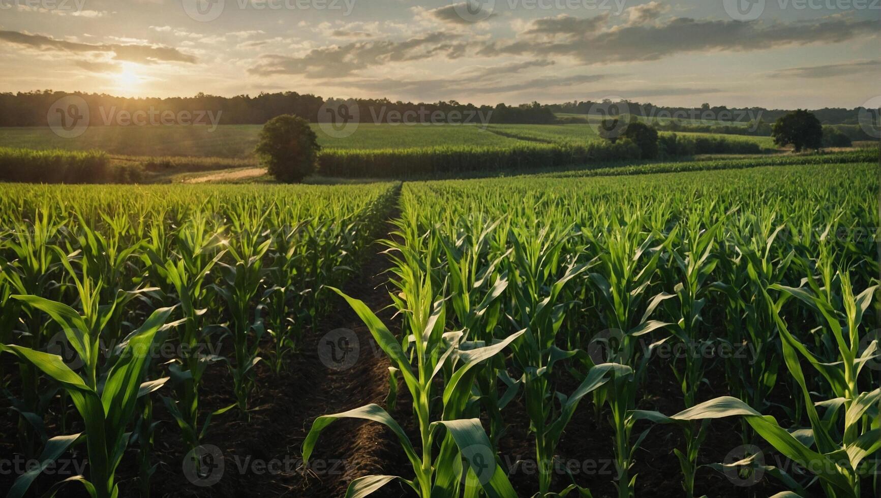 Farm with lush green corn crops swaying gently in the wind under a sunny sky photo