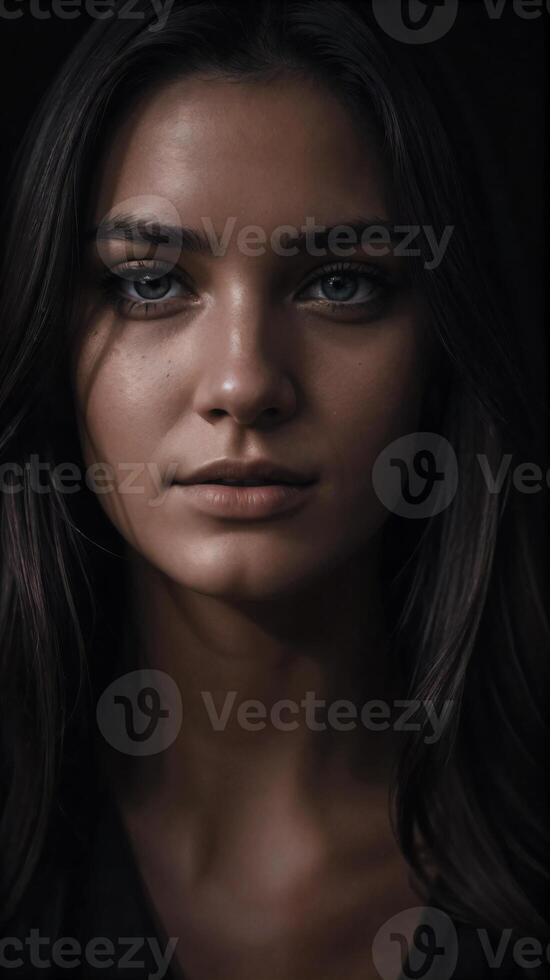 Portrait of a young girl with dark skin and long dark hair photo