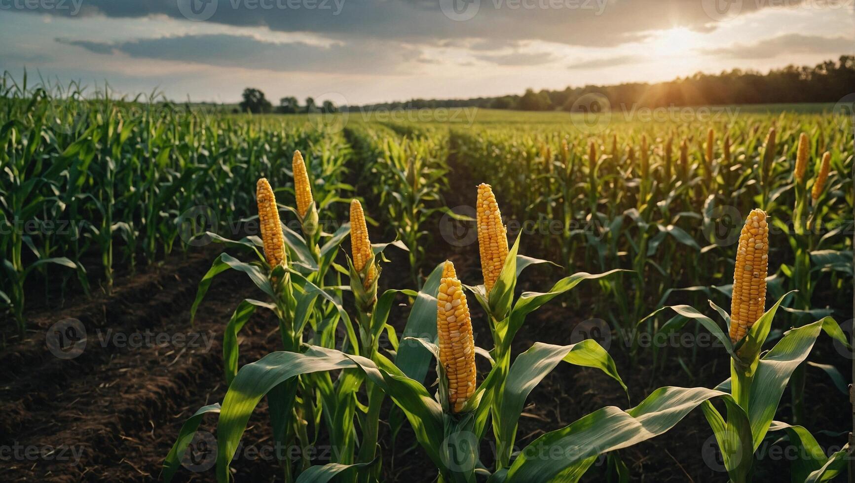 Farm with lush green corn crops swaying gently in the wind under a sunny sky photo