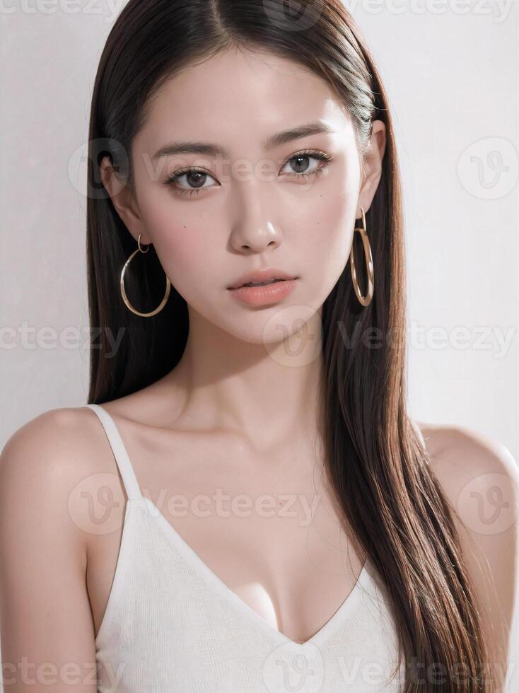 hermosa joven asiático niña retrato con aro pendientes largo sedoso pelo y blanco ropa foto