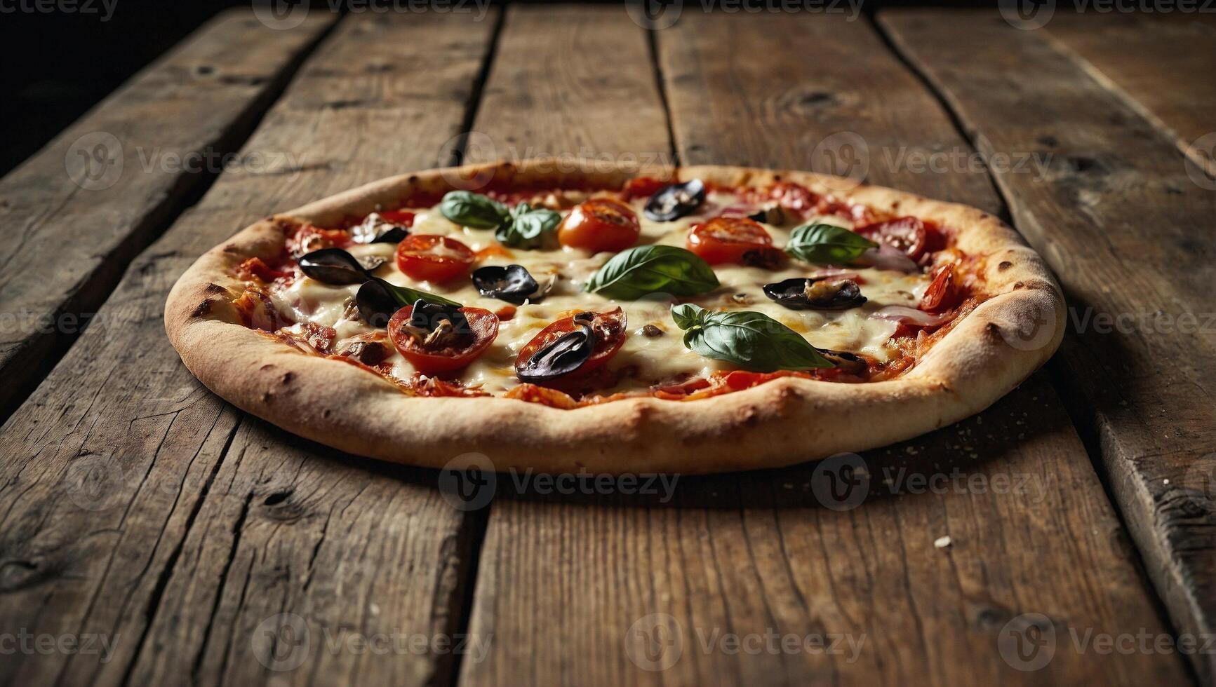 Freshly baked italian pizza with tomatoes and olives on wooden table close up view photo