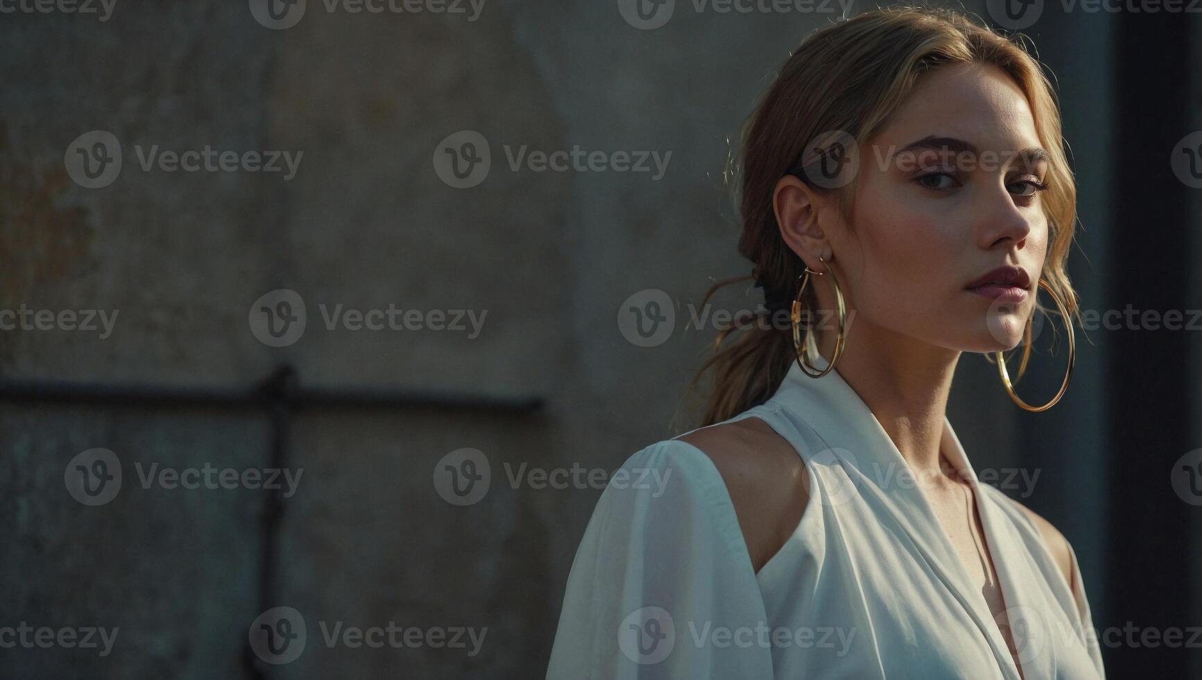 Beautiful young model girl with hoop earrings and white clothes photo