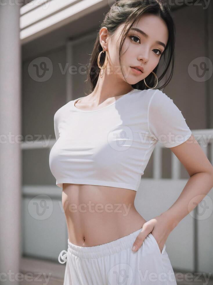 hermosa joven asiático niña modelo con aro pendientes y blanco ropa foto