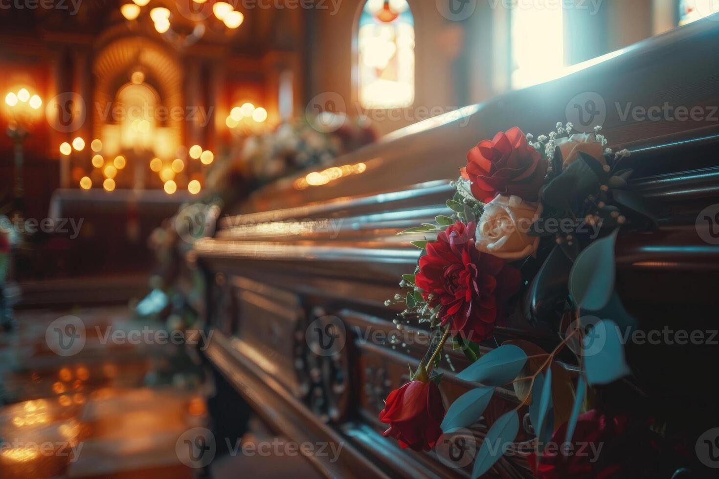 A casket beautifully decorated with vibrant flowers inside a dimly lit church conveys grief and remembrance photo