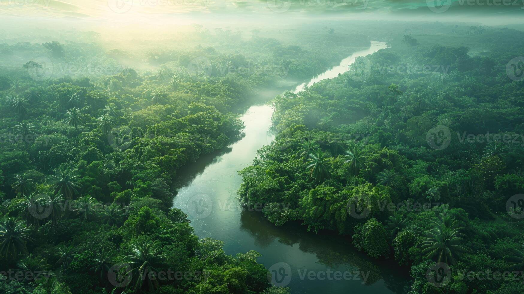 Aerial shot of the Amazon River meandering through a dense green rainforest canopy with morning fog photo