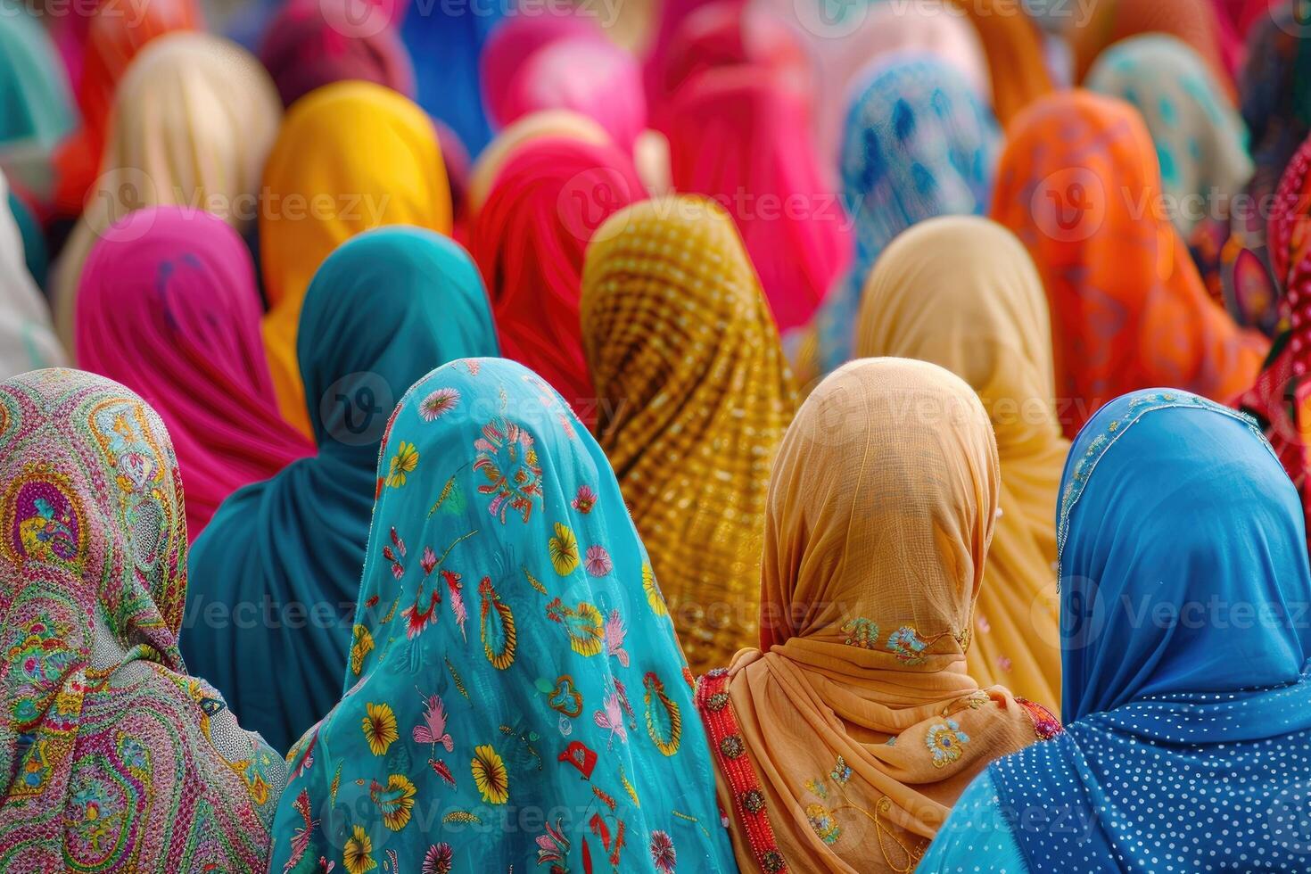 Crowd of women in vibrant traditional dresses photo