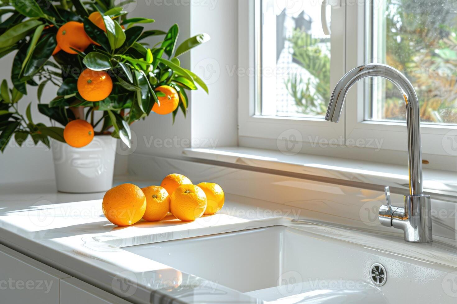 A bright contemporary kitchen interior featuring a vase with an orange tree and fresh oranges on a white countertop photo