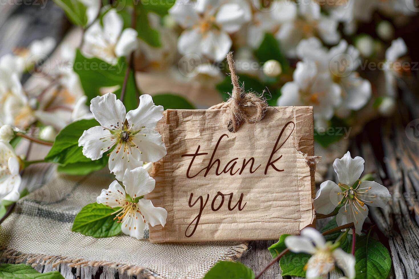 Thank you sign amidst spring blossoms in high detail photo