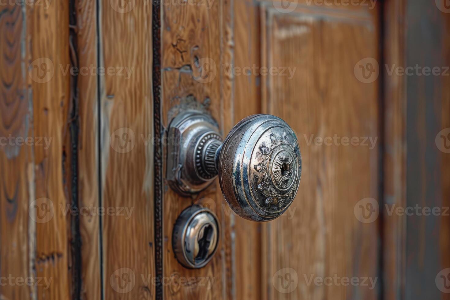 Vintage door knob on weathered wooden door photo