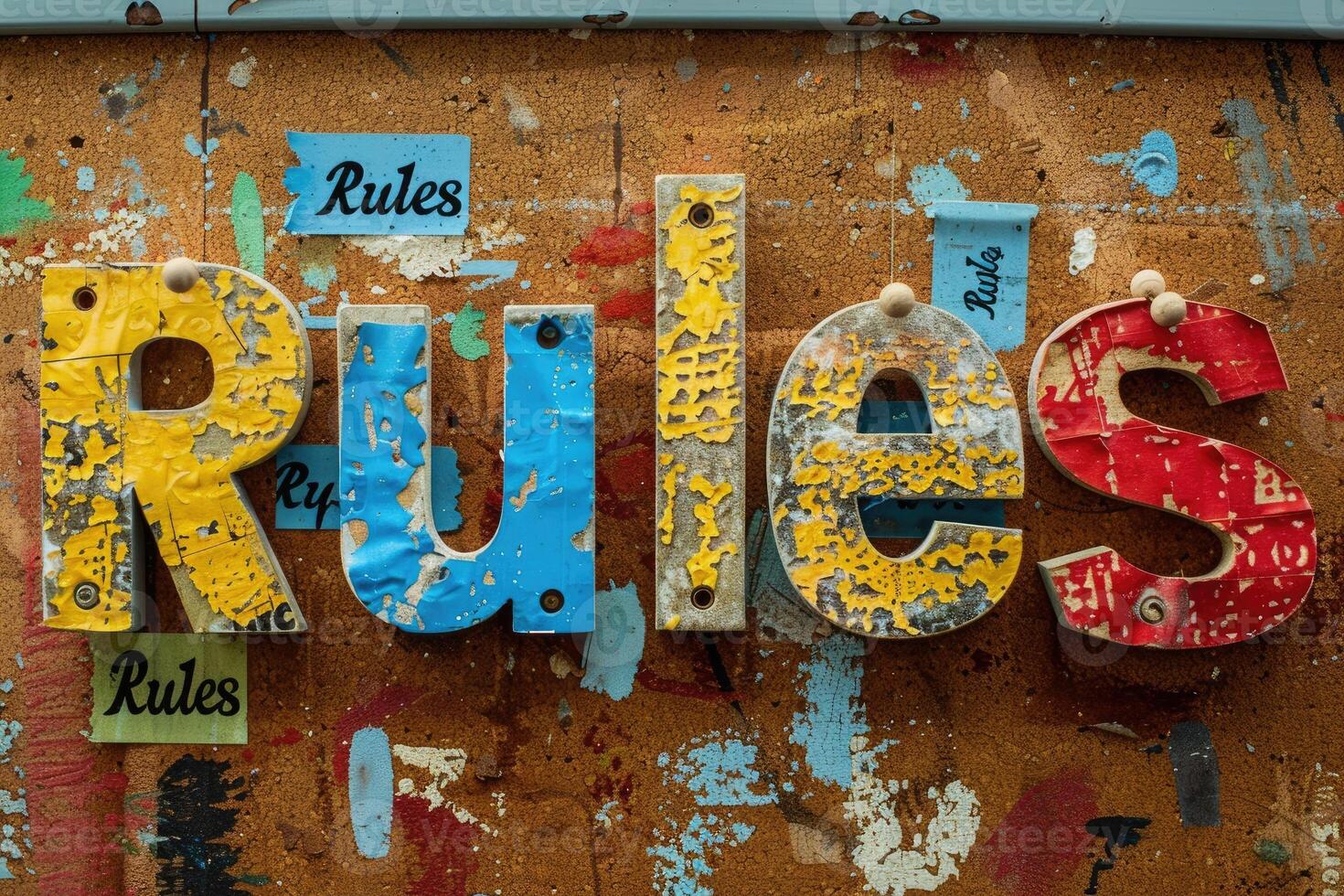 Colored Rules letters in various fonts mounted on a textured background photo