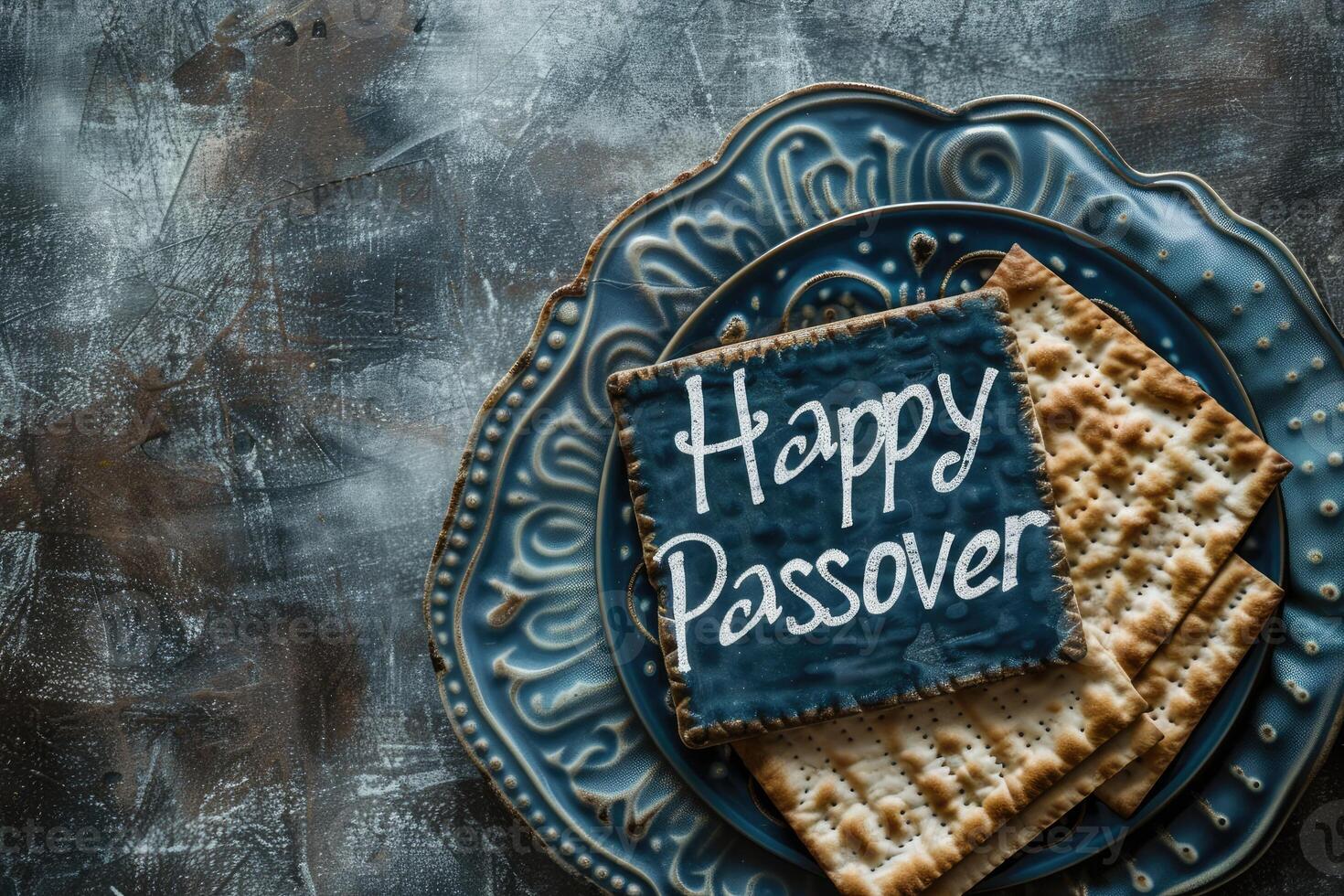 Matzah crackers with the phrase Happy Passover spell out a greeting for the Jewish holiday photo
