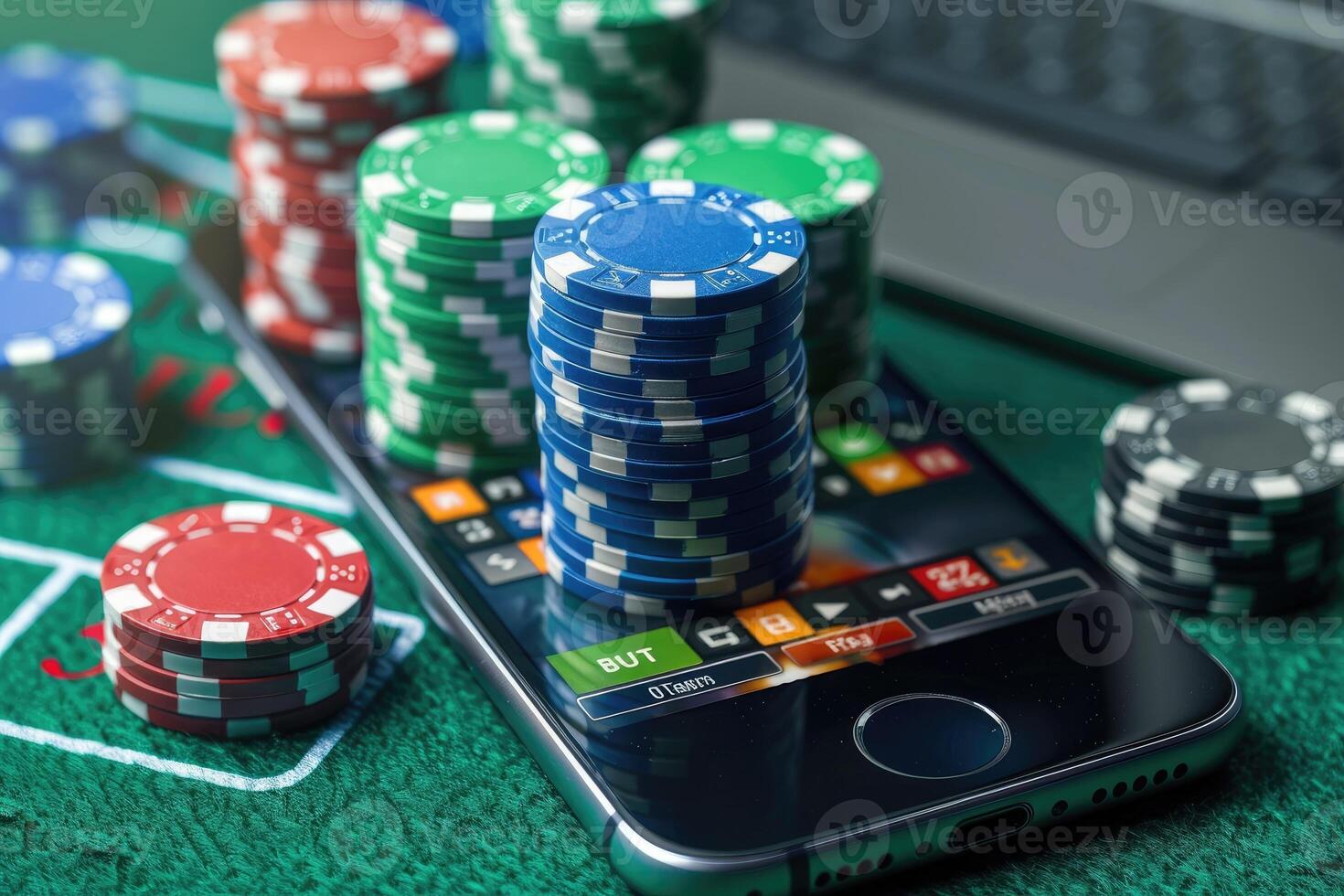 An array of casino chips stacked next to a smartphone, representing online gambling and mobile betting photo