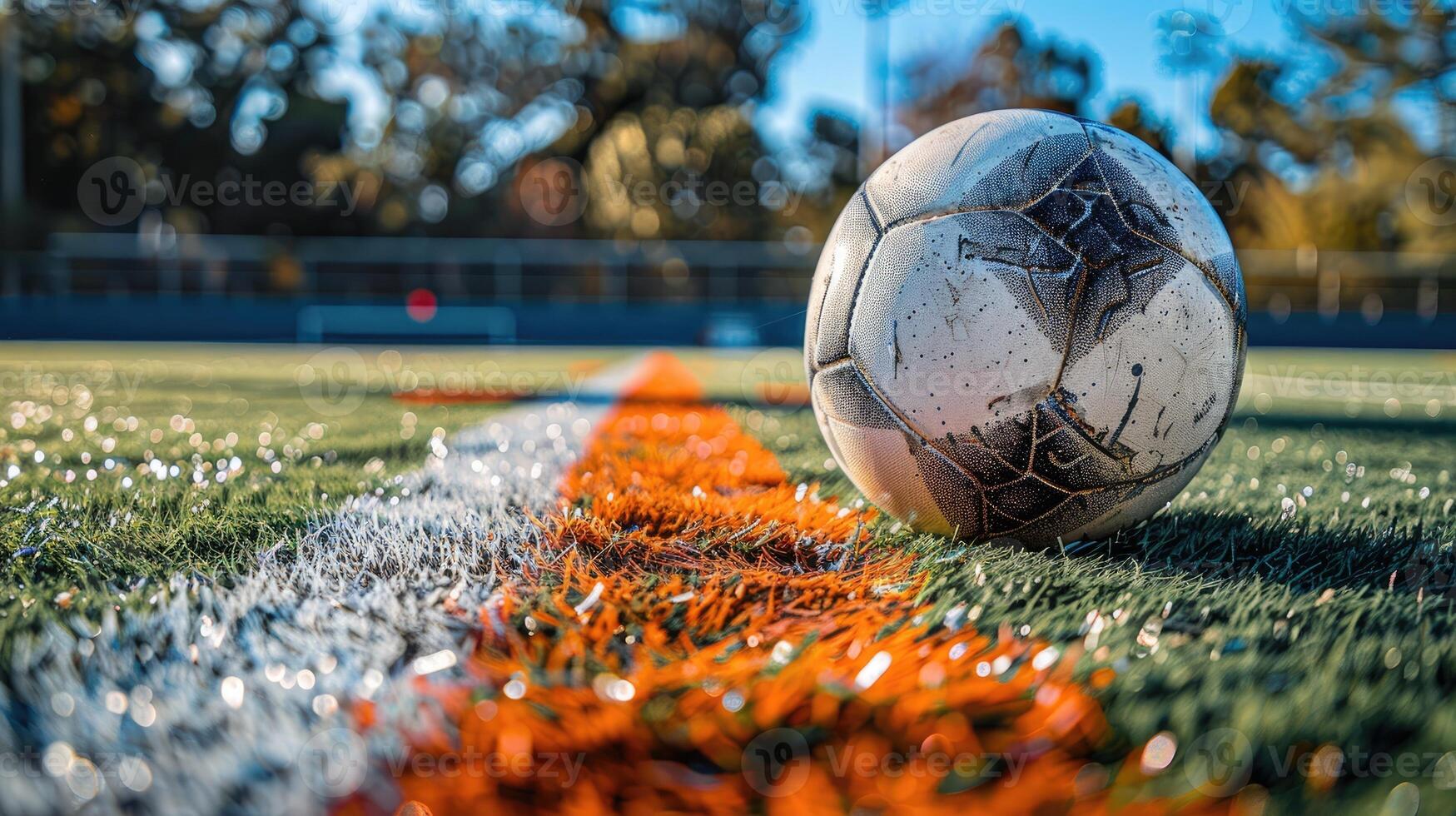 Soccer ball rests on the green grass of the field with the white boundary line in foreground, embodying the spirit of the game photo