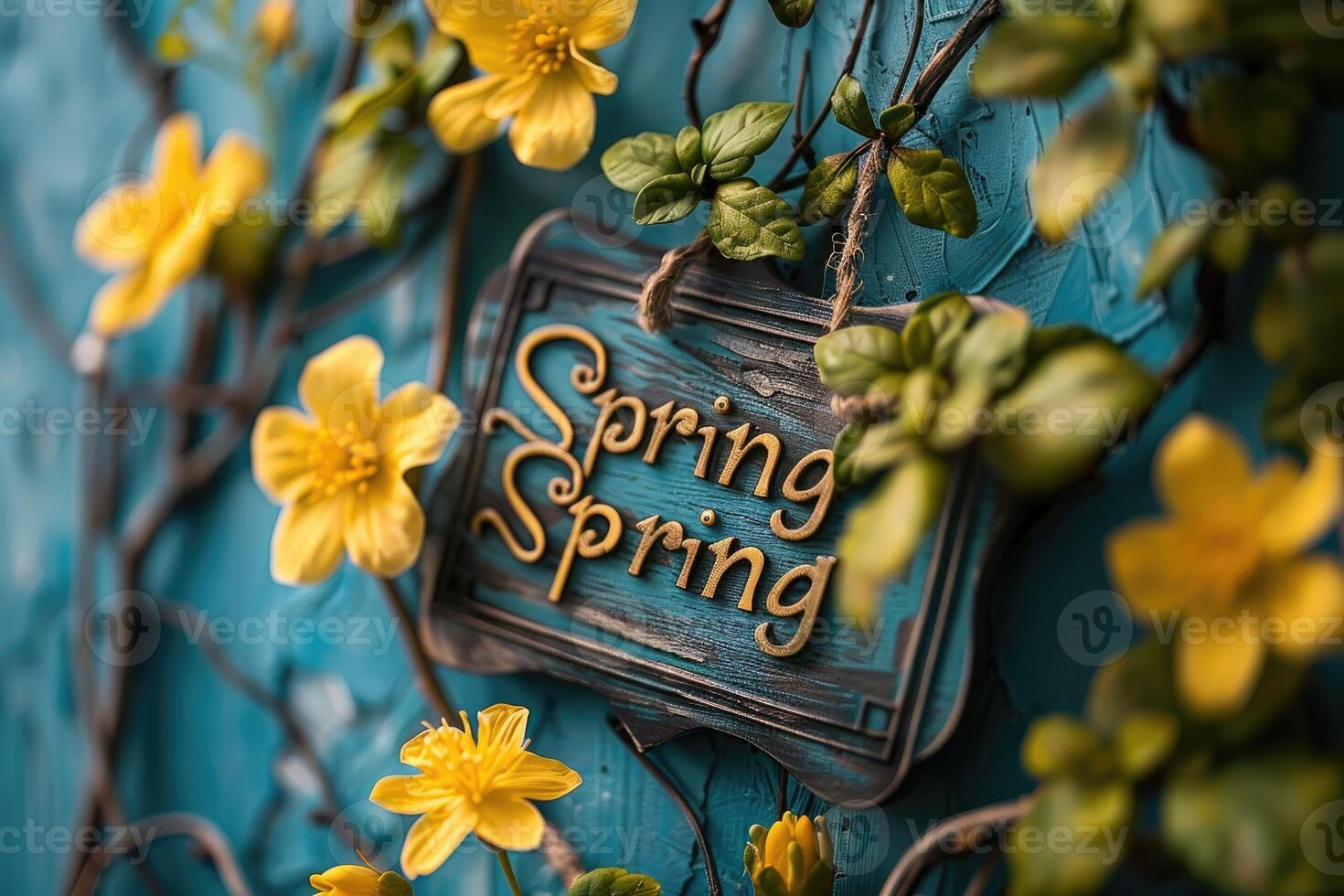 A rustic blue wooden sign reading 'spring' adorned with fresh yellow flowers against a blue backdrop photo