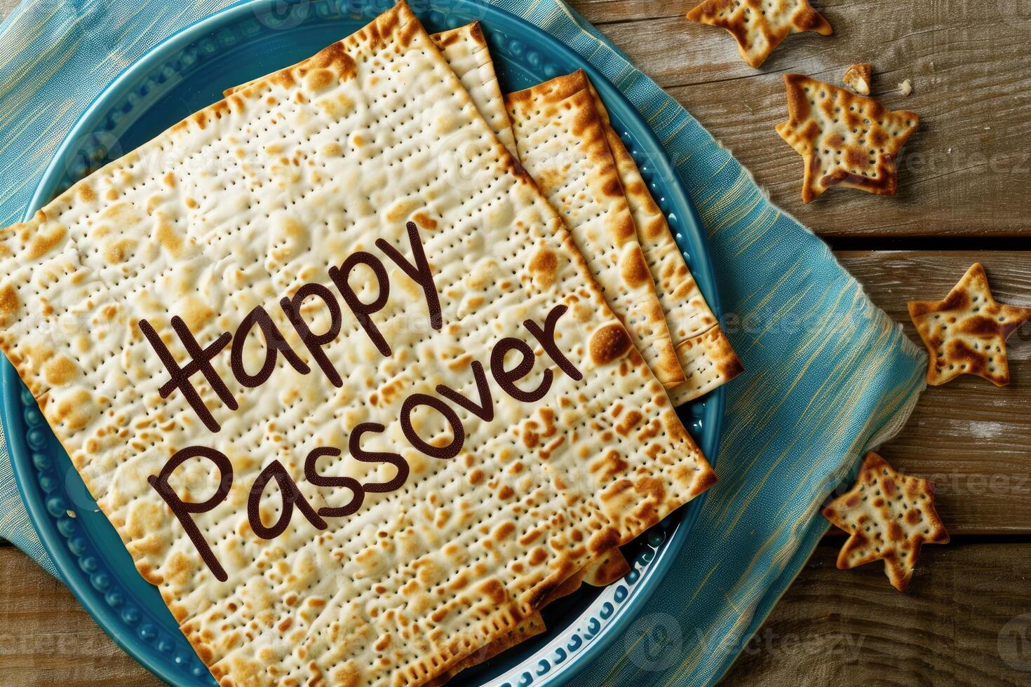 Matzah crackers with the phrase Happy Passover spell out a greeting for the Jewish holiday photo