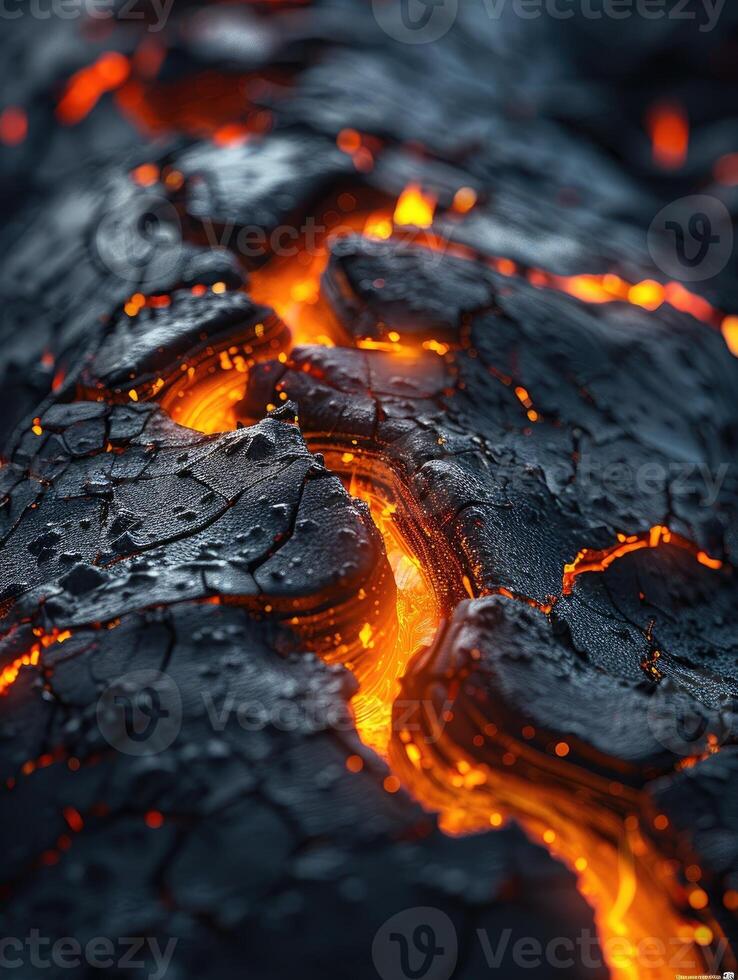 Magma, scorched rock floor with molten rocks and lava cracks. photo