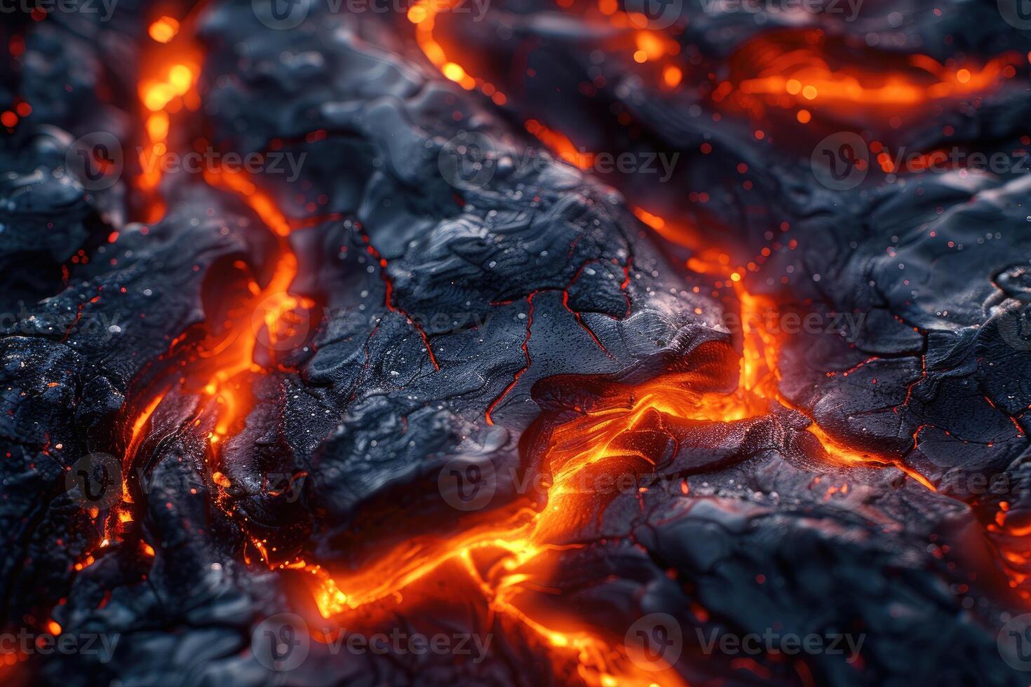 Magma, scorched rock floor with molten rocks and lava cracks. photo