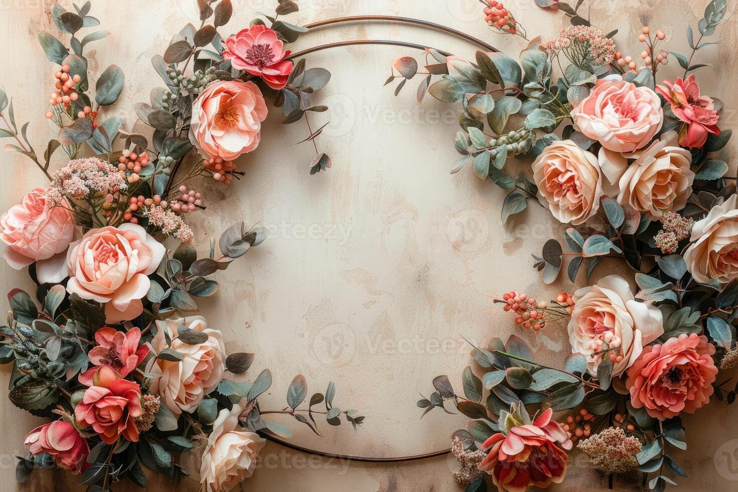 A beautifully arranged floral wreath of roses and foliage on a subtle vintage textured background, perfect for weddings and elegant events photo