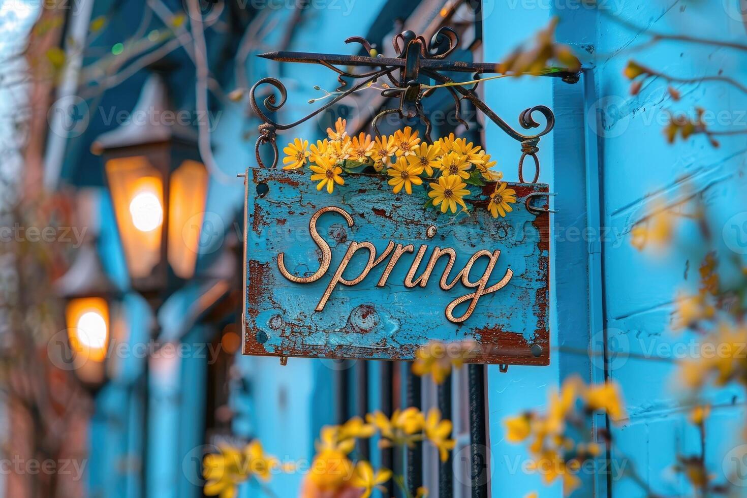 A rustic blue wooden sign reading 'spring' adorned with fresh yellow flowers against a blue backdrop photo