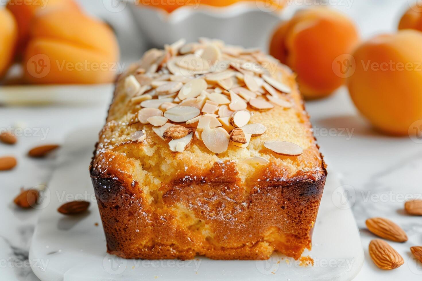 Pound cake with slivered almonds on top, apricots in background, on a white marble background photo