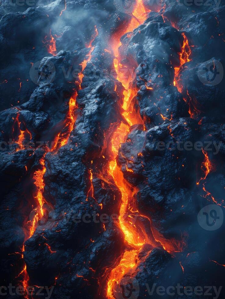 Magma, scorched rock floor with molten rocks and lava cracks. photo