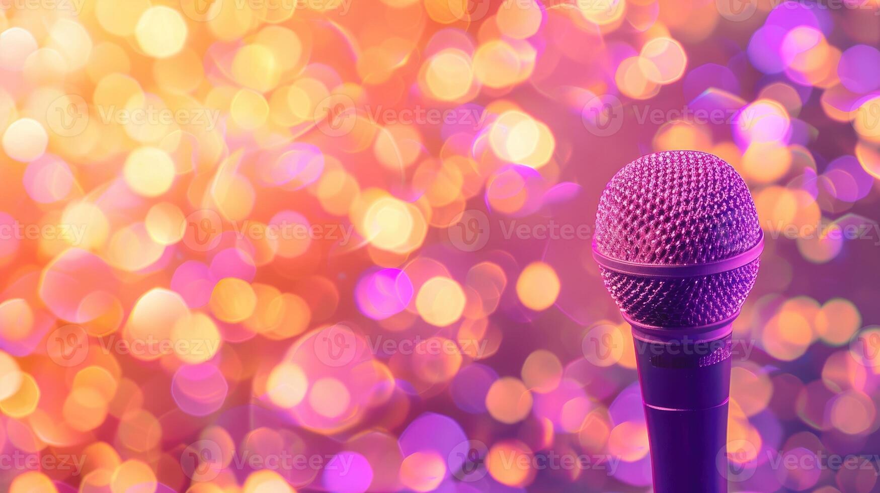 Microphone on stage with purple glitter light. Microphone for speech singing karaoke party photo