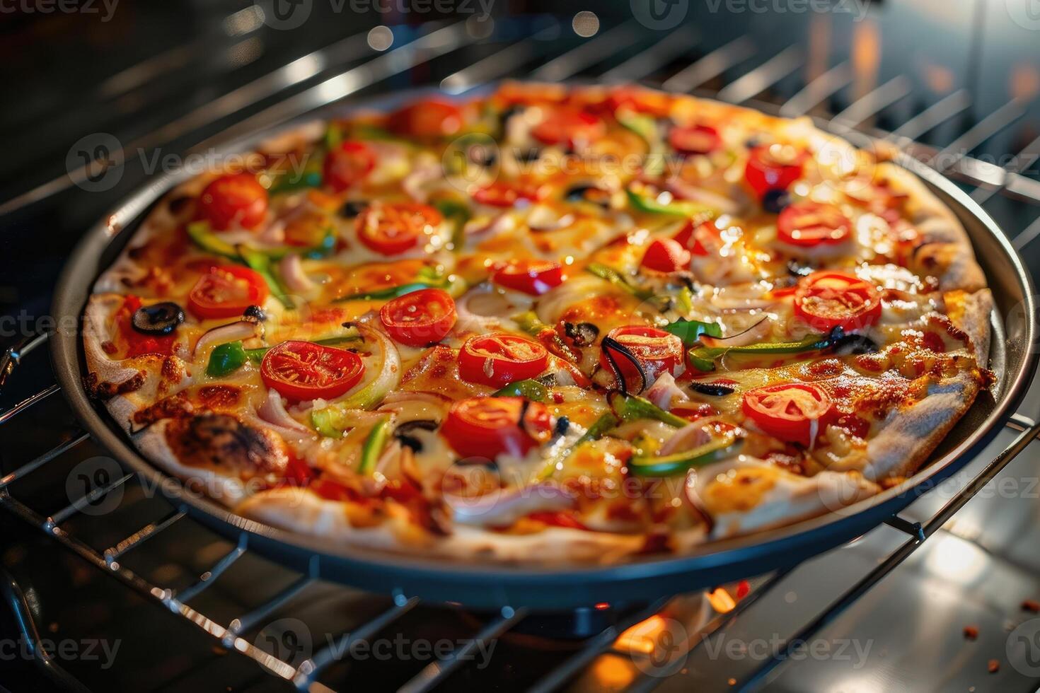 Tasty homemade pizza cooking in an oven at home. photo