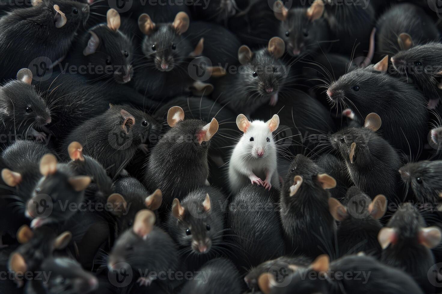 White mouse in a large group of black rodents photo