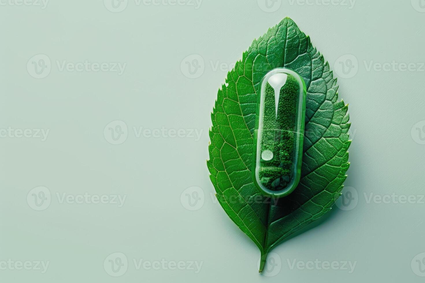 Green leave in capsule. Natural vitamin pills. Alternative medicine. photo