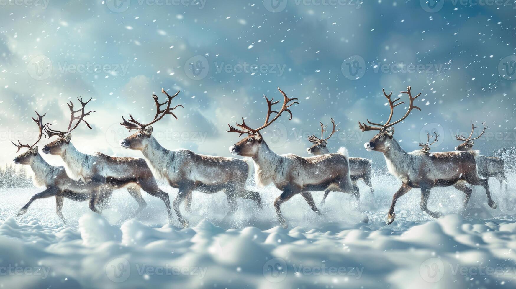 Reindeers running in snowy field under sky photo