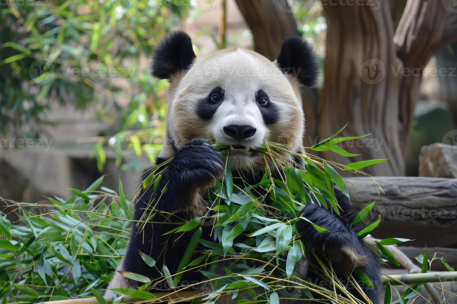 un panda masticación en bambú foto