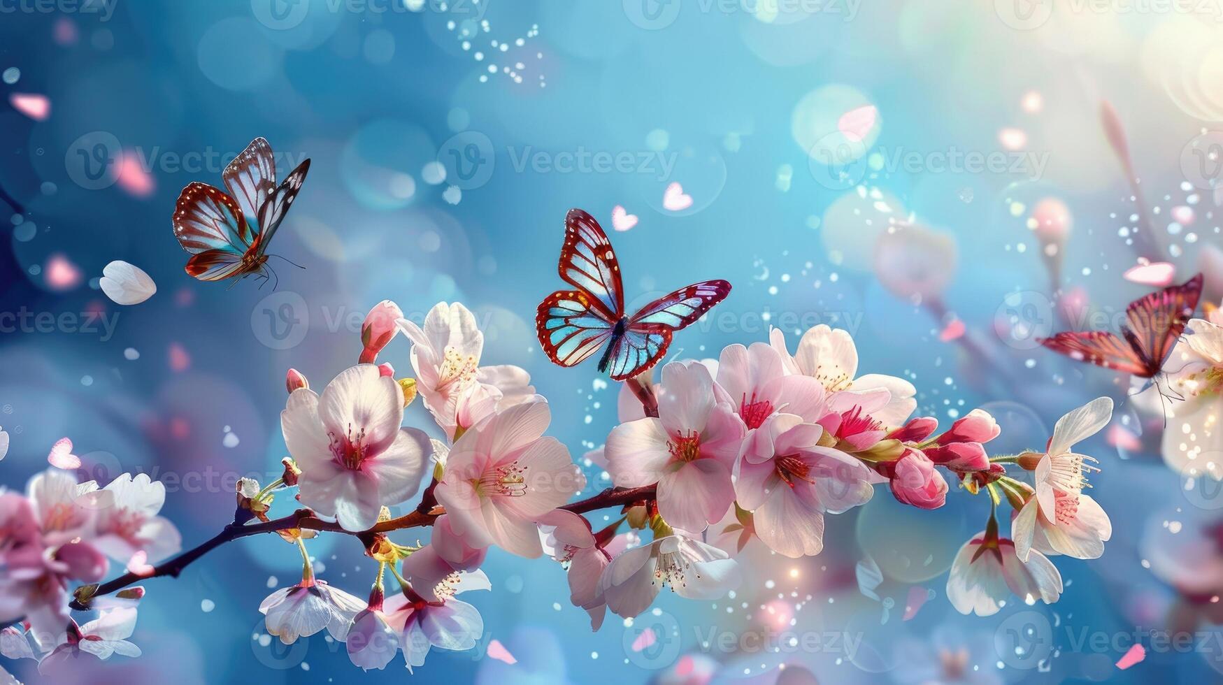 Branches of blossoming cherry against background of blue sky and fluttering butterflies in spring. Pink sakura flowers of spring nature. photo