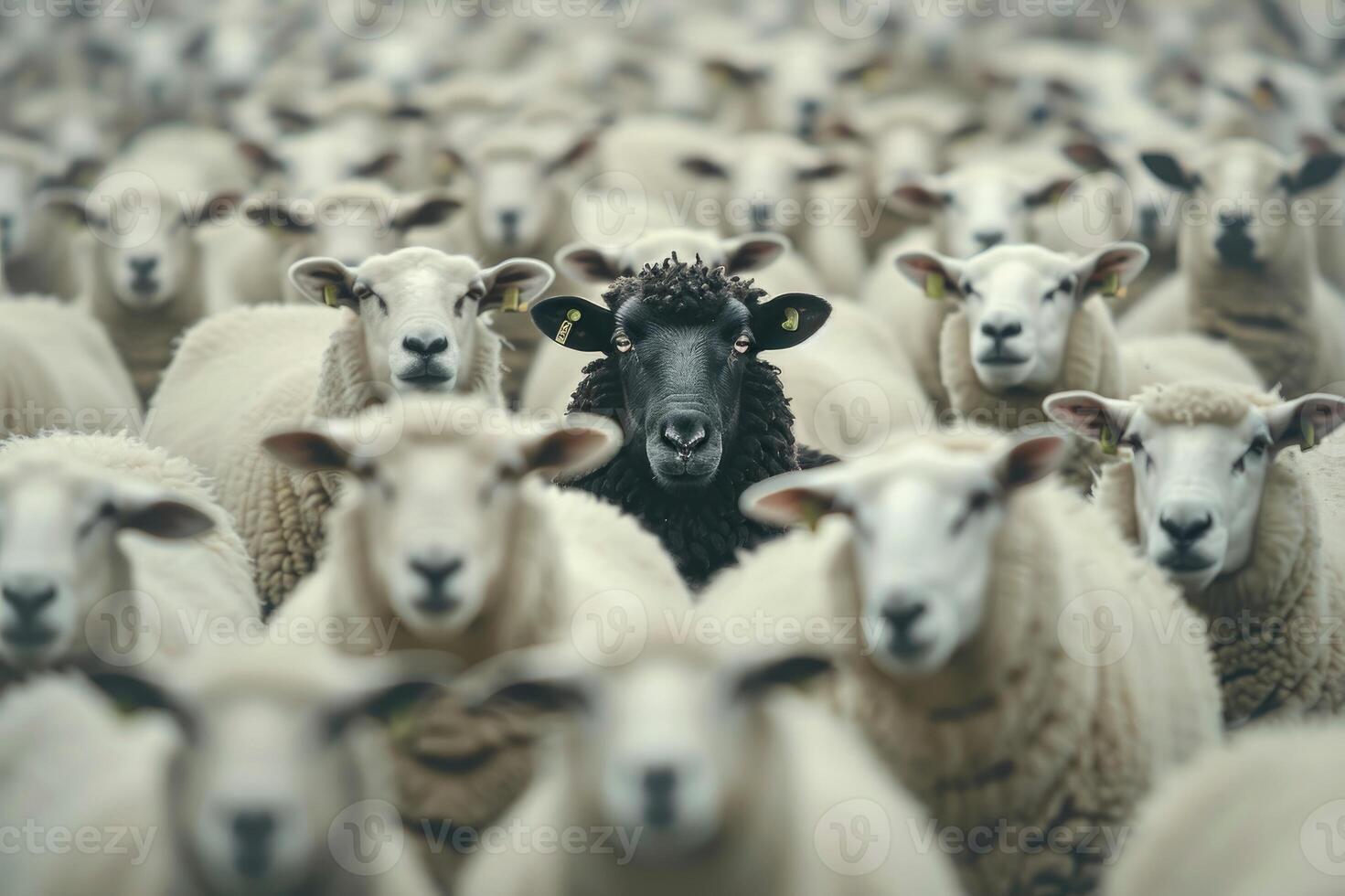 Black sheep standing out among white sheep photo