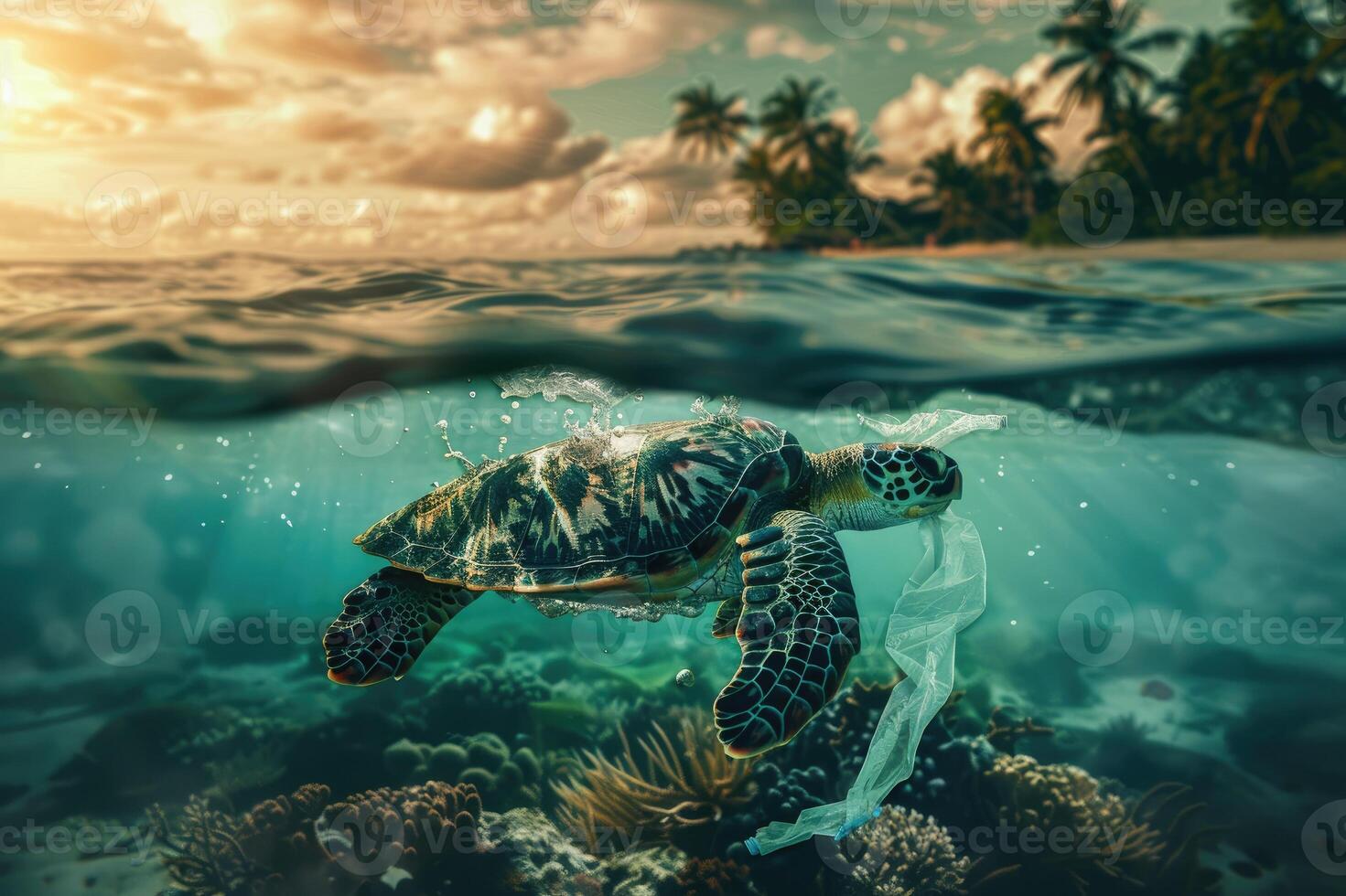 World ocean pollution, Turtle and plastic bags underwater. photo