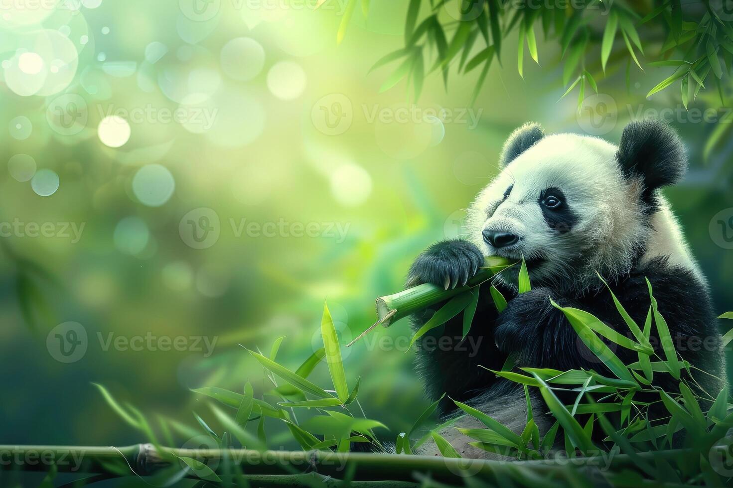 Panda chewing bamboo in bamboo forest on blurred background photo