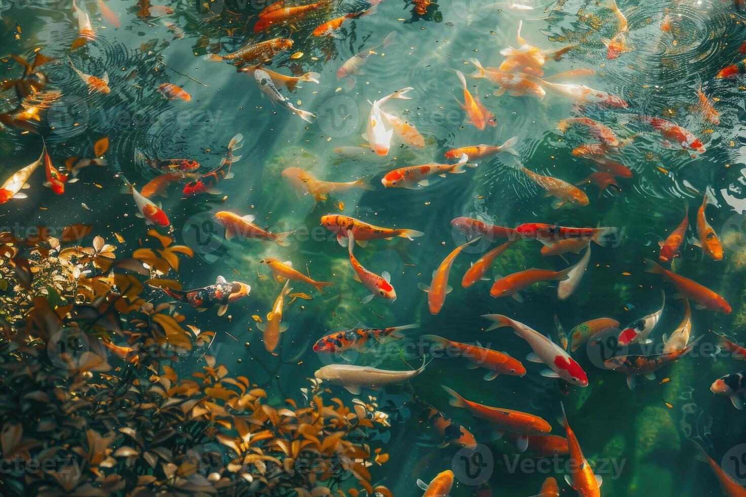 Pond with decorative orange underwater fish nishikigoi. Aquarium Japanese koi carp photo