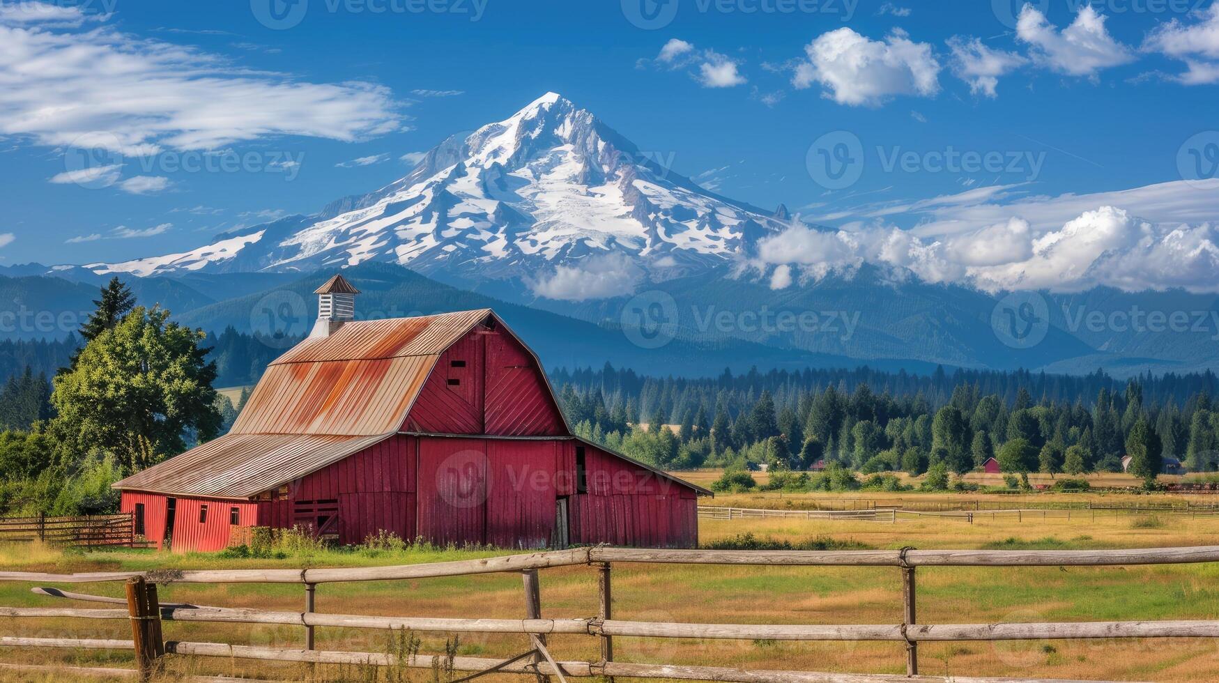 Traditional American farm with a red wooden barn. Old red barn in rural photo