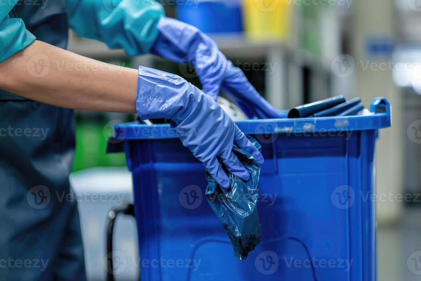 Close up of female cleaner in gloves throwing garbage from trash can into plastic bucket while photo