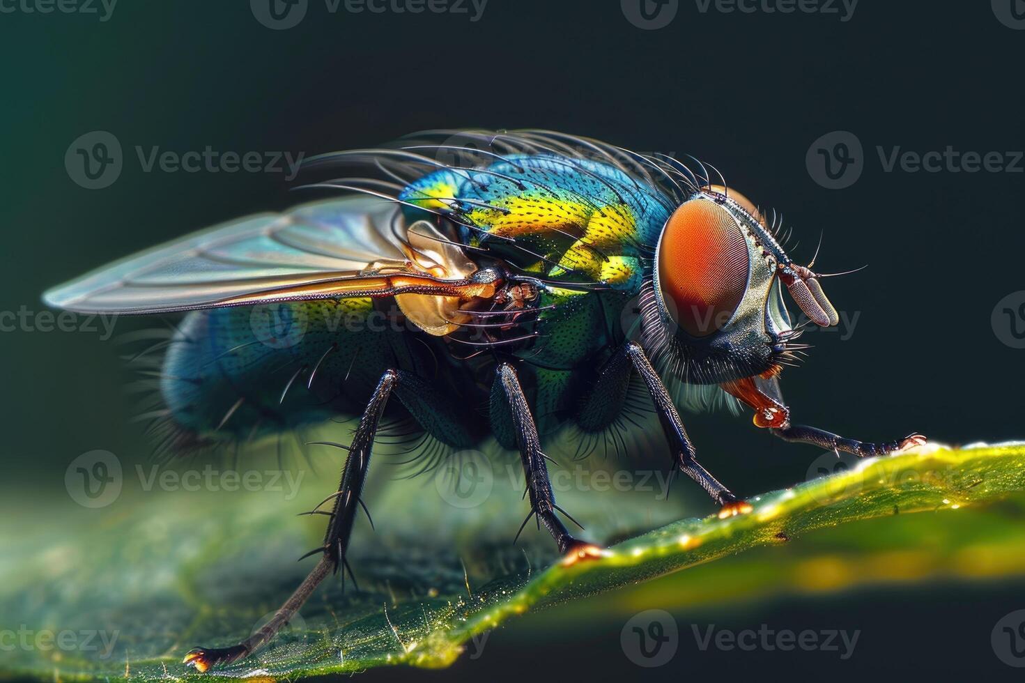 Macro photography of a green bottle fly on a leaf. Insect life in nature. photo
