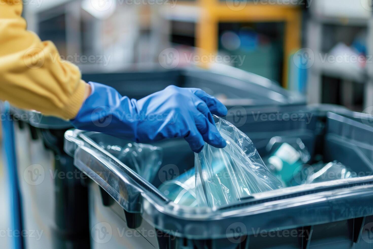Close up of female cleaner in gloves throwing garbage from trash can into plastic bucket while photo