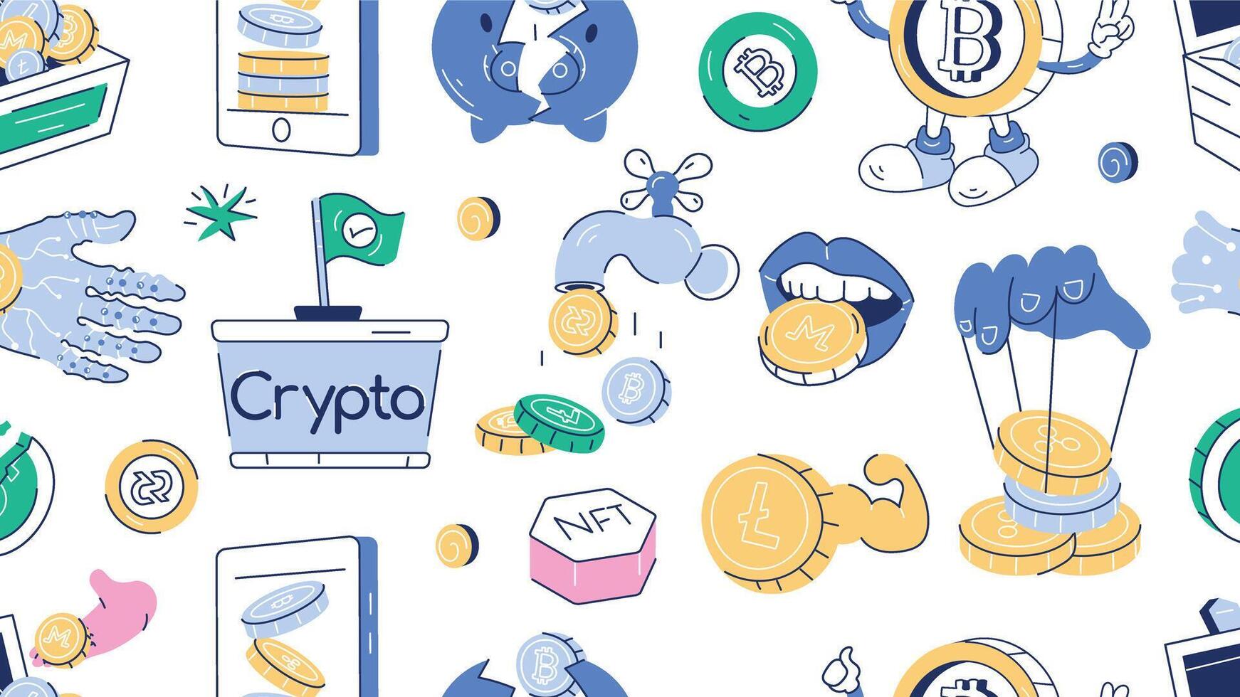 A seamless doodle pattern showcasing various elements of crypto investment and blockchain trends vector