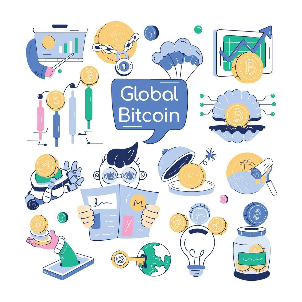 A doodle vector showcasing various elements of crypto investment and blockchain trends