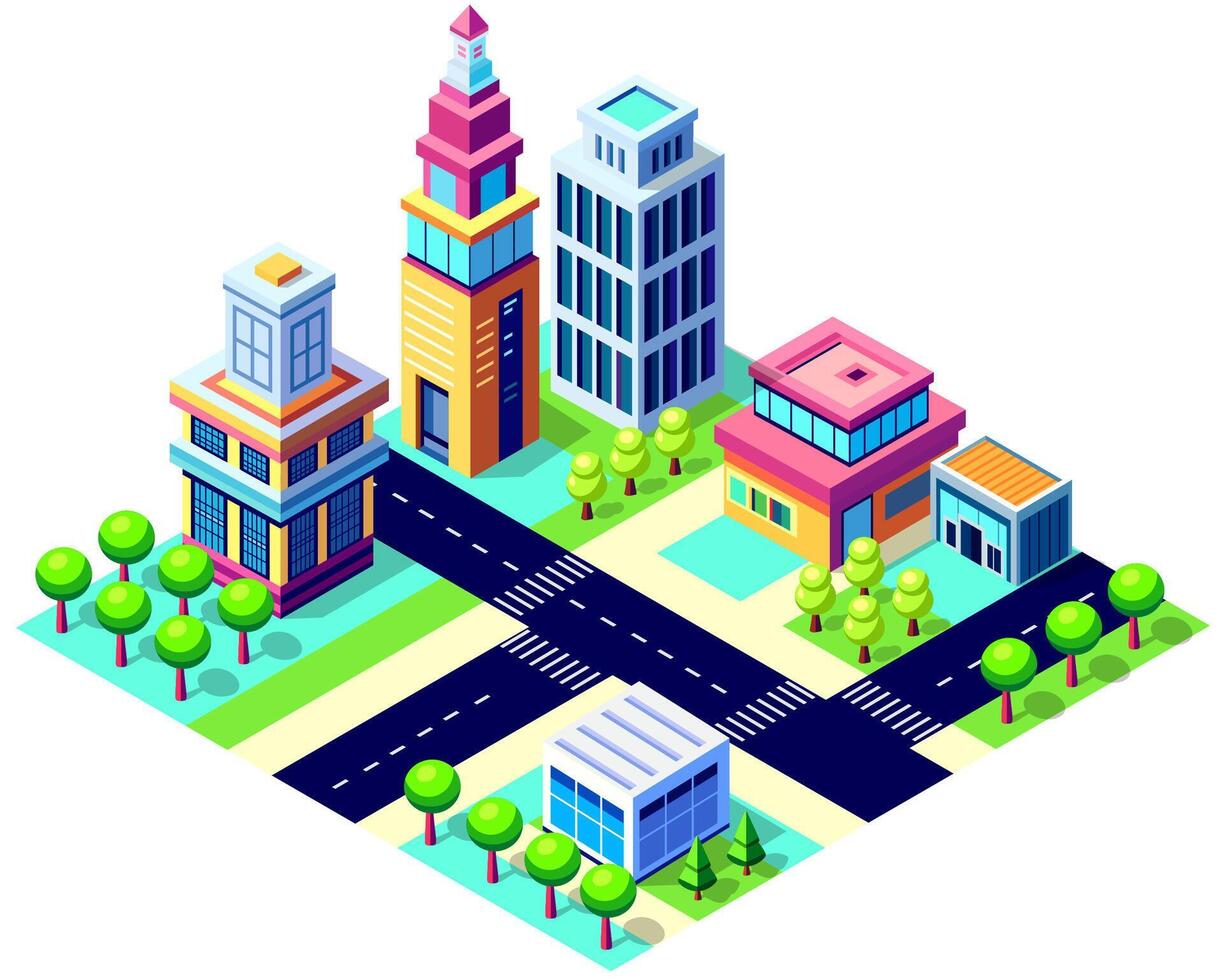 Isometric urban megalopolis top view of the city infrastructure town, street modern, real structure, architecture 3d illustration elements different buildings vector