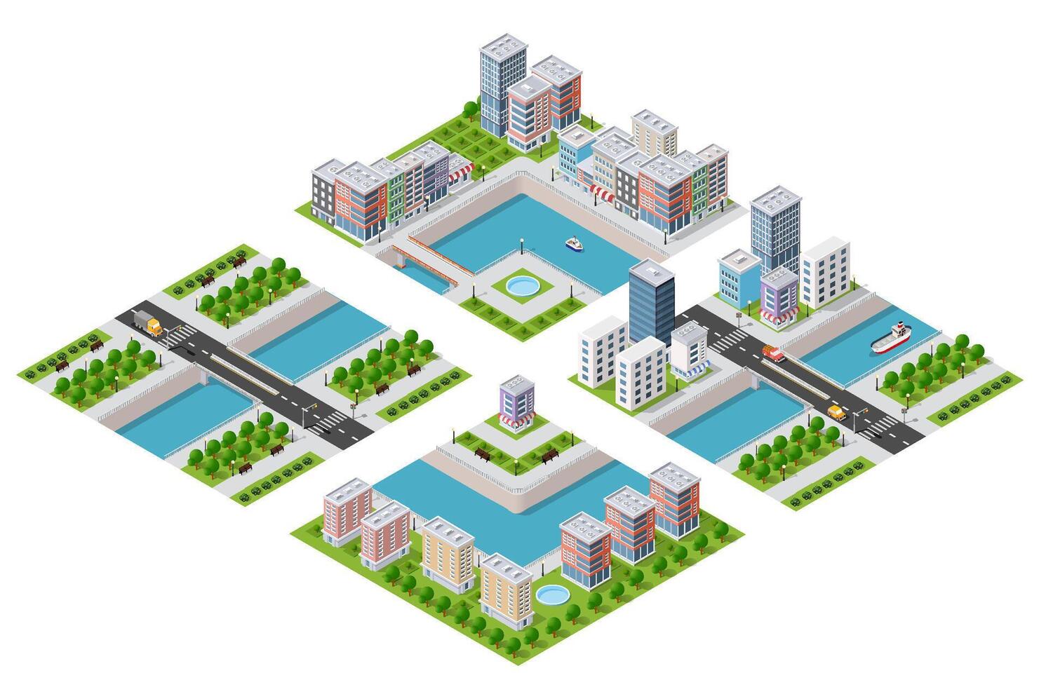 isométrica urbano megalópolis parte superior ver de el ciudad infraestructura ciudad, calle moderno, real estructura, arquitectura 3d ilustración elementos diferente edificios vector