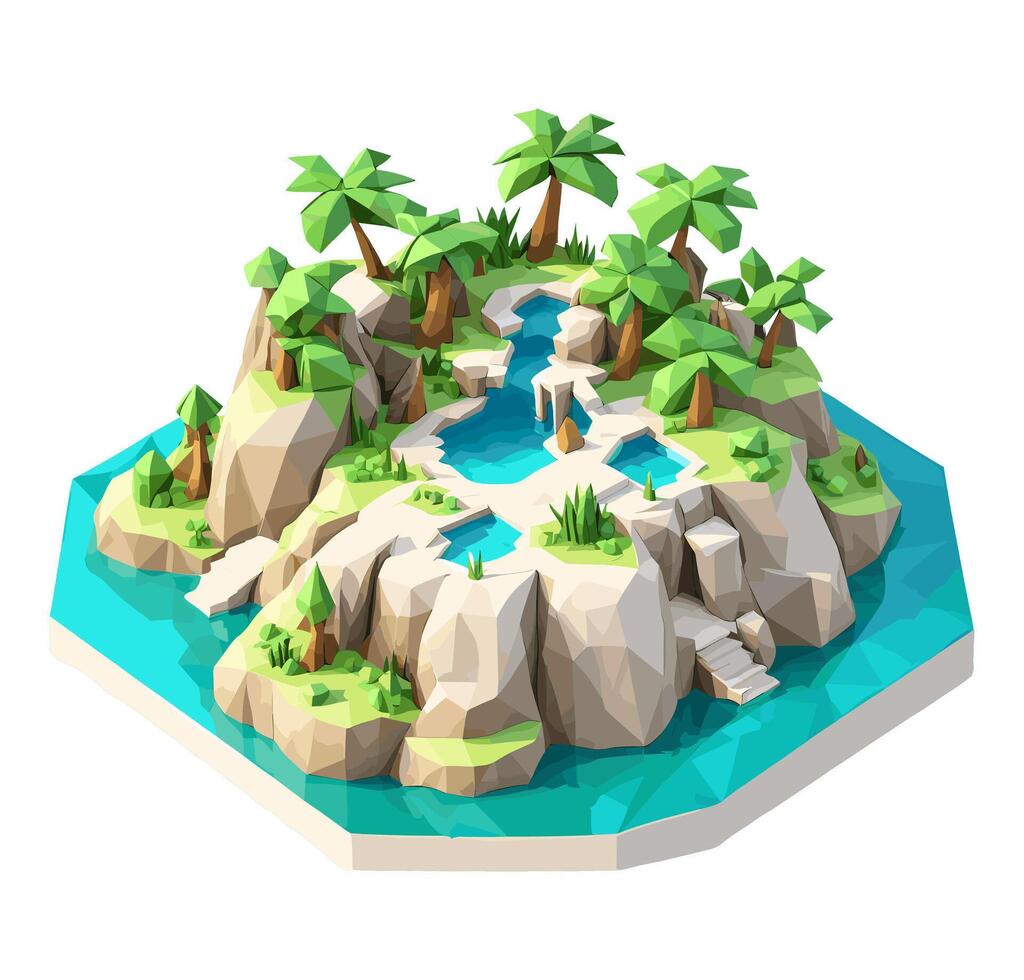 3D isometric low poly of a tropical island with the river, graced with minimalist low-polygon trees. illustration is a creative toolkit for designing in a distinctive style vector