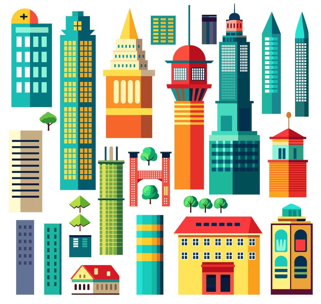 Landscape set of buildings silhouetted on Outline of low-rise and high-rise complexes and skyscrapers. Structural constructions placed urban objects vector