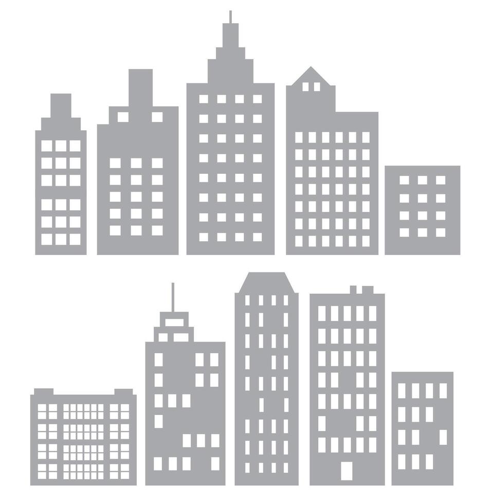 Landscape set of buildings silhouetted on white background. A black outline of low-rise and high-rise complexes and skyscrapers. Structural constructions placed urban objects vector